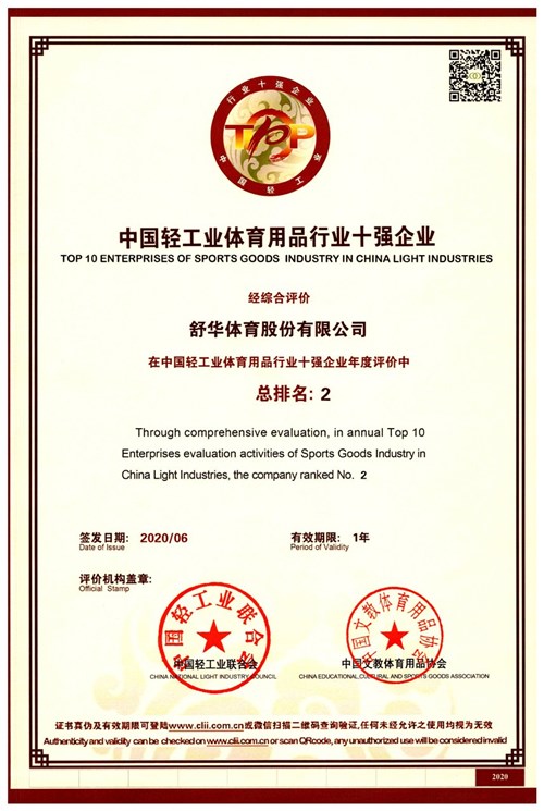 恭贺米兰(Milan)体育官方网站体育代理的品牌-舒华荣获"中国轻工业体育用品行业十强企业"